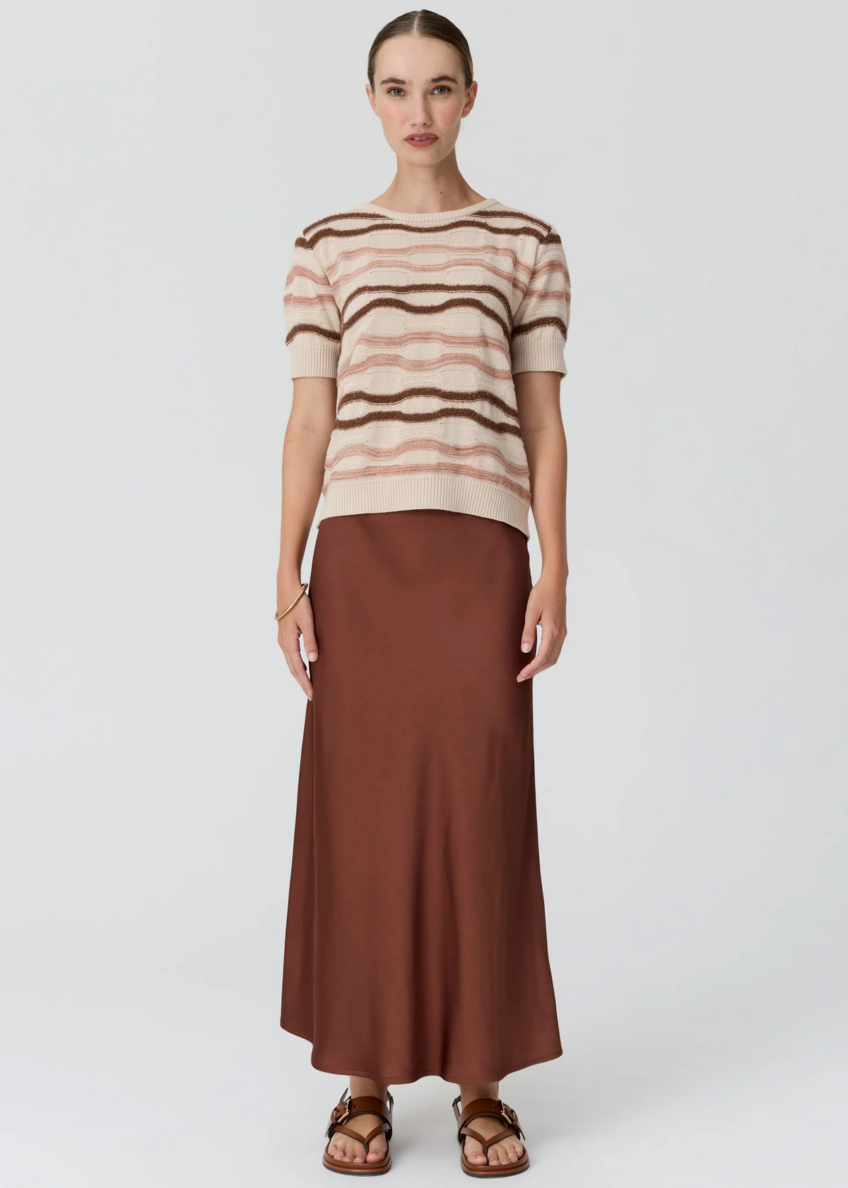 POL Liana Tee Textured Stripe - Pebble/Pink/Toffee