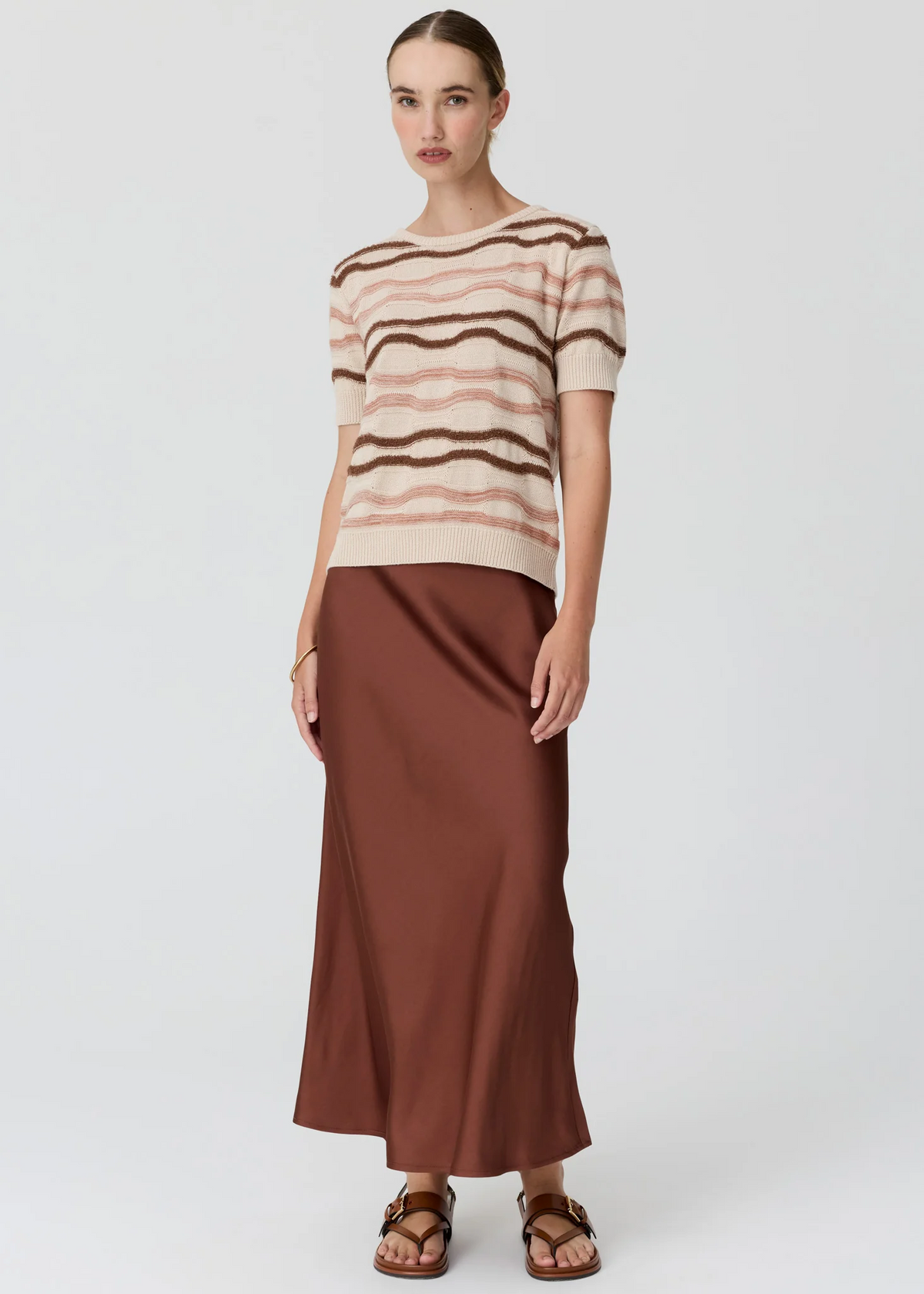 POL Liana Tee Textured Stripe - Pebble/Pink/Toffee