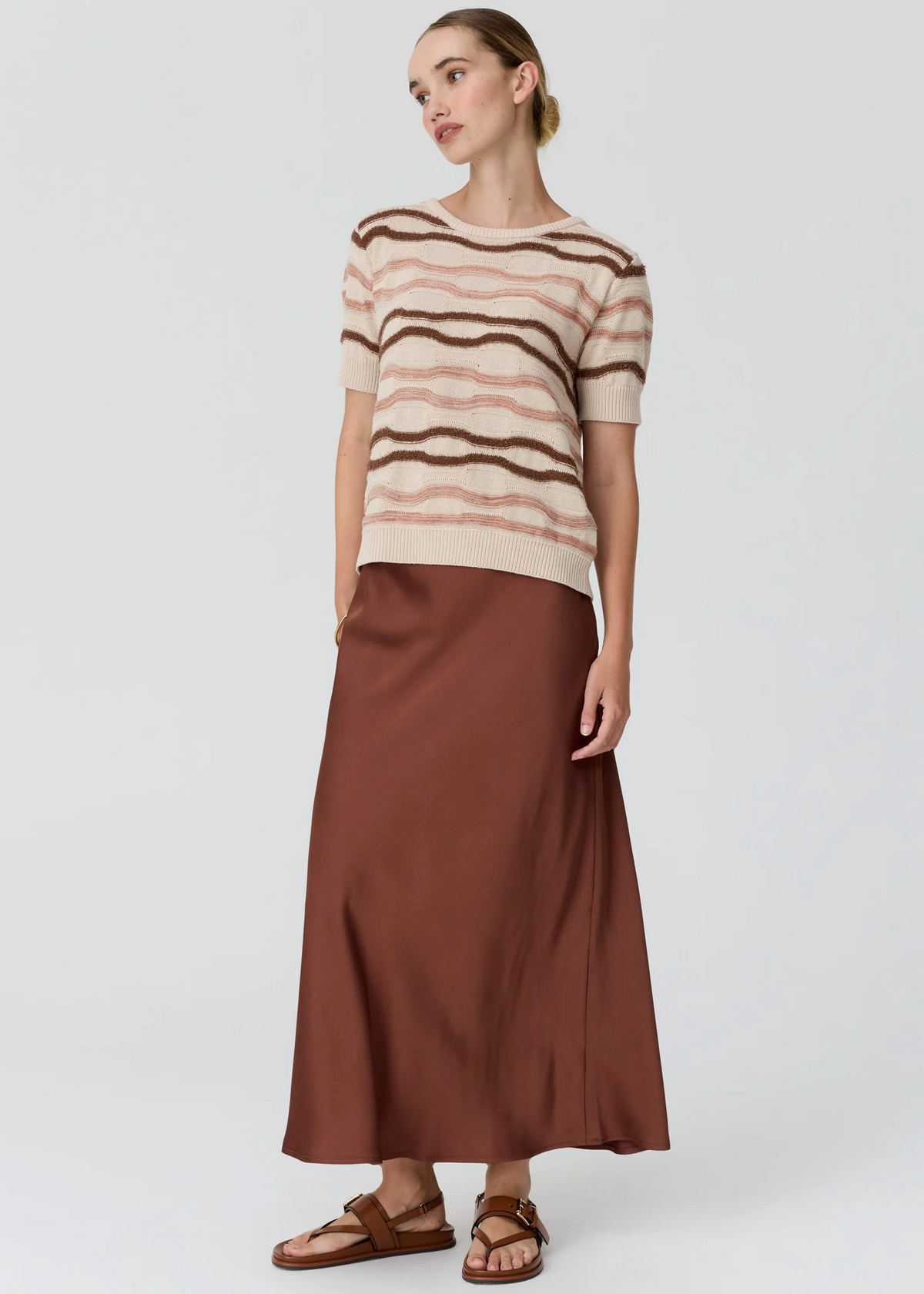 POL Liana Tee Textured Stripe - Pebble/Pink/Toffee