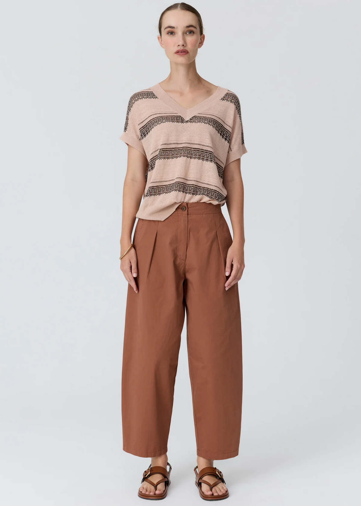 POL Liana V-Neck Pointelle Knit - Pink/Black