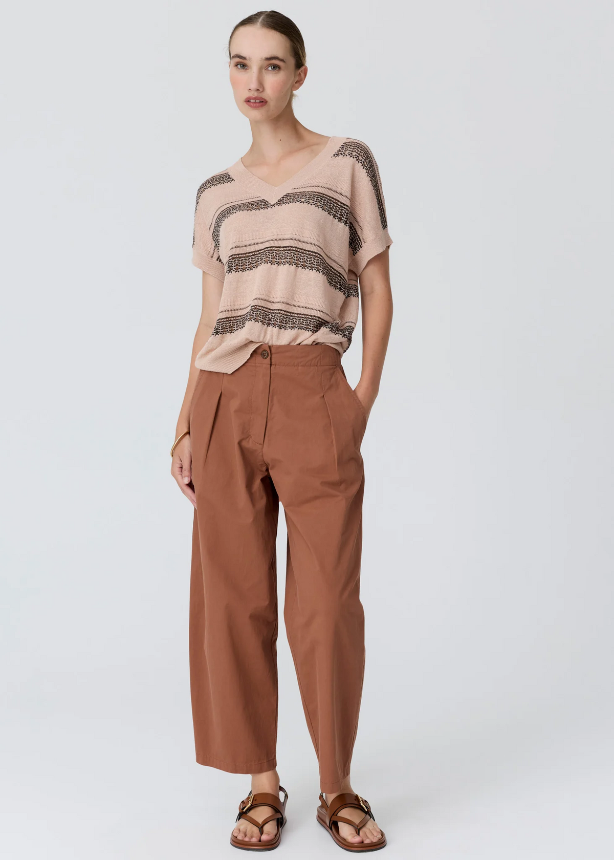 POL Liana V-Neck Pointelle Knit - Pink/Black