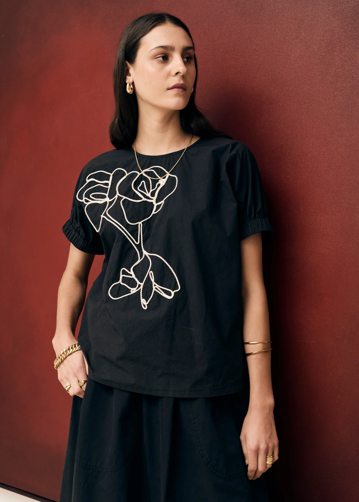 POL Ivy Cornelli Embroidered Top - Black/Chalk