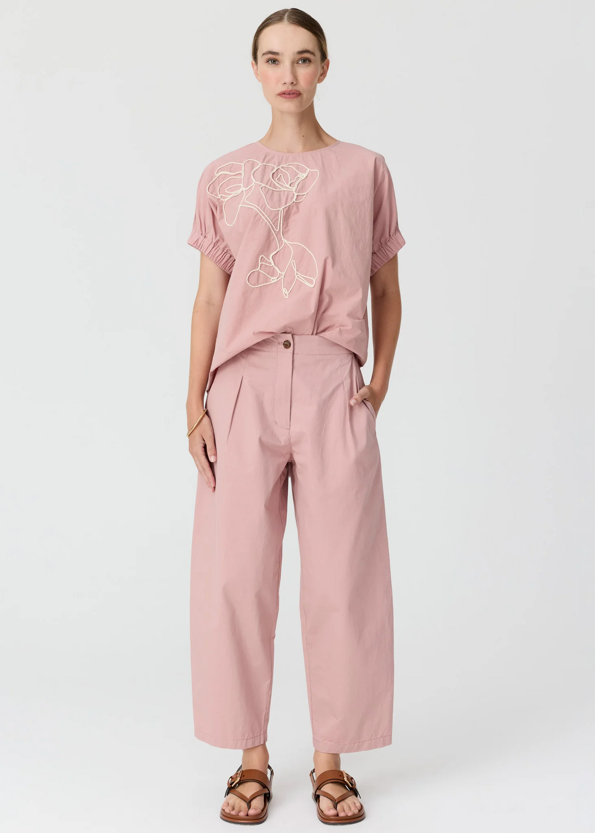POL Ivy Cornelli Embroidered Top - Pink/Chalk