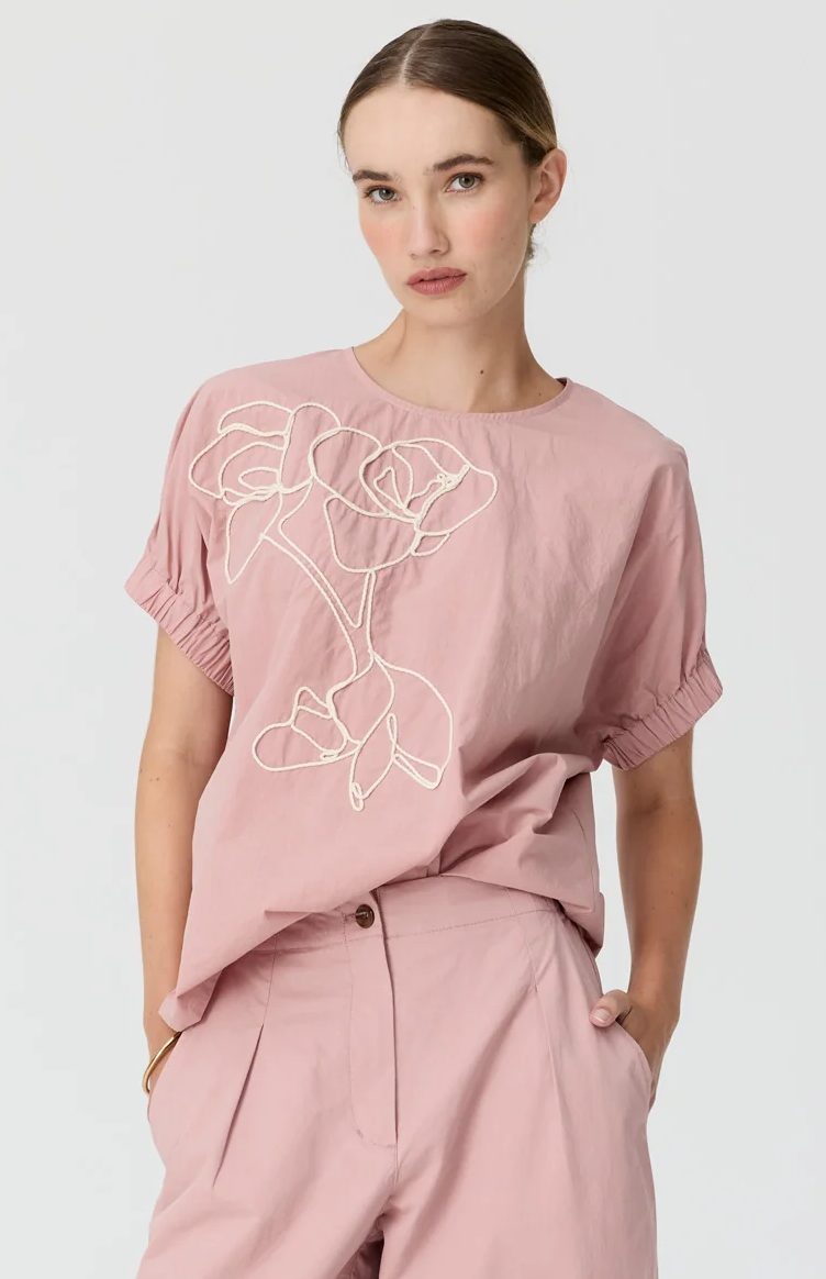 POL Ivy Cornelli Embroidered Top - Pink/Chalk