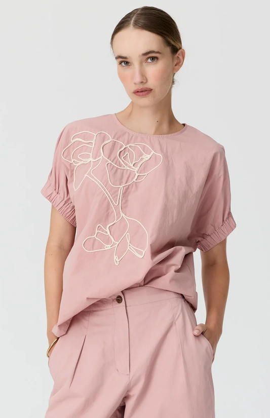 POL Ivy Cornelli Embroidered Top - Pink/Chalk