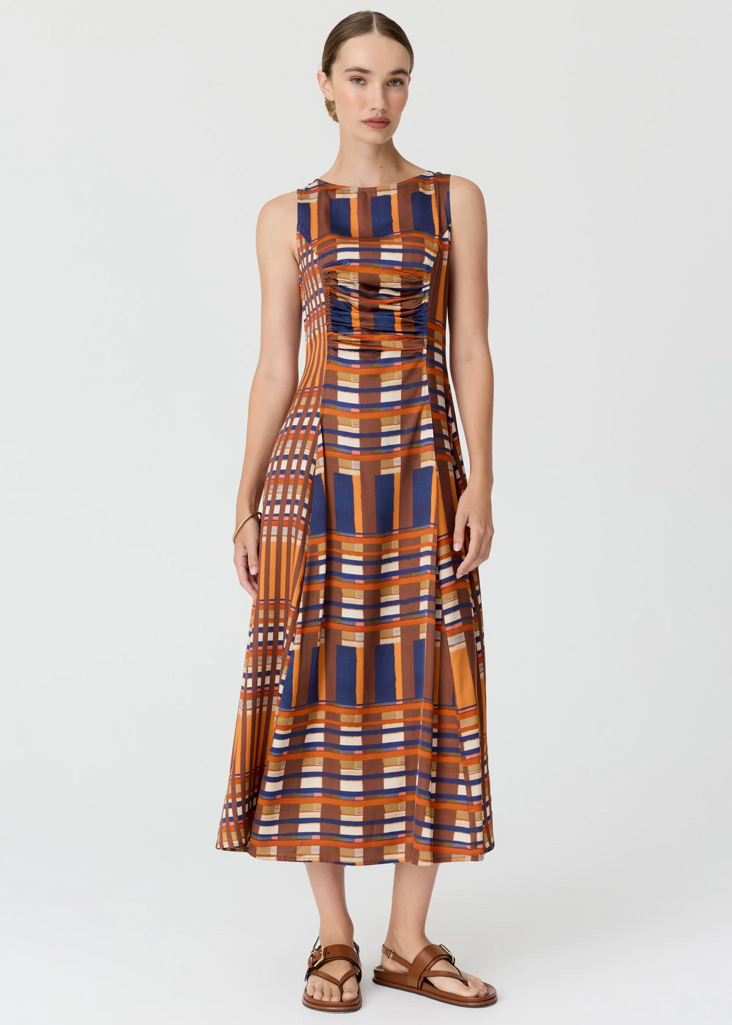 POL Lattice Gathered Dress - Amber Check