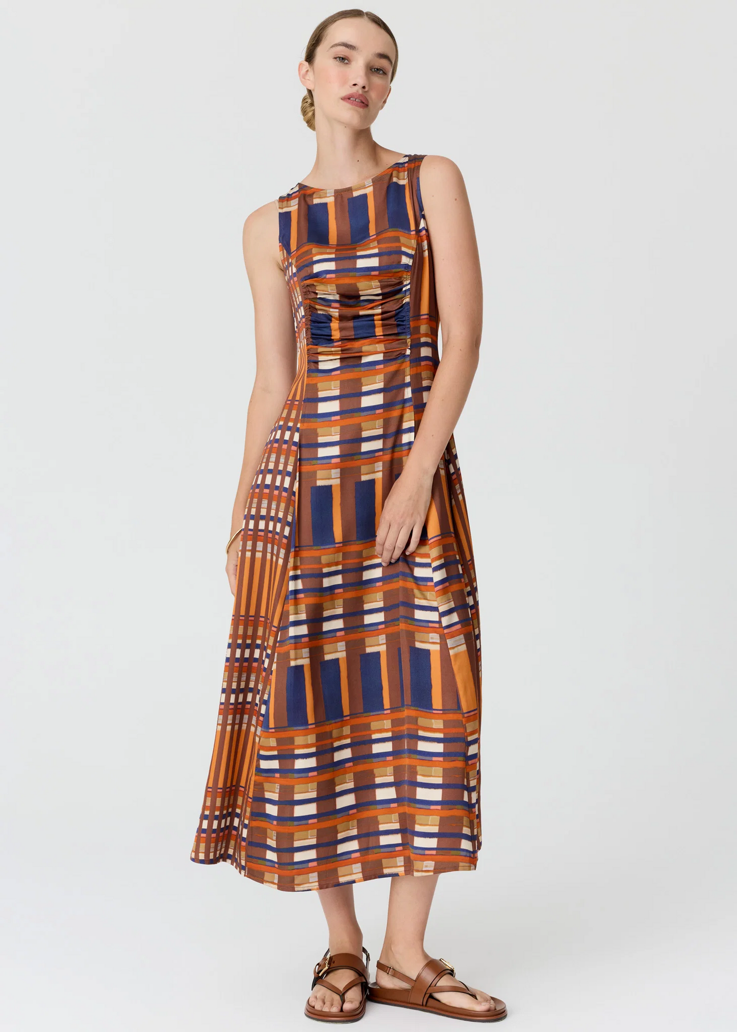 POL Lattice Gathered Dress - Amber Check