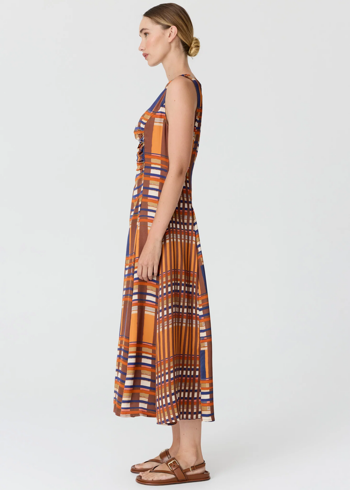 POL Lattice Gathered Dress - Amber Check