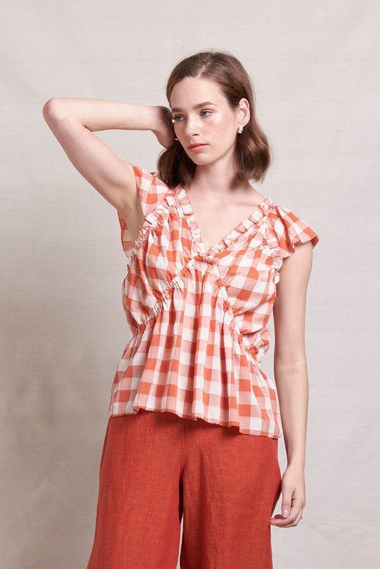 Neris Upscale Top - Terracotta Check