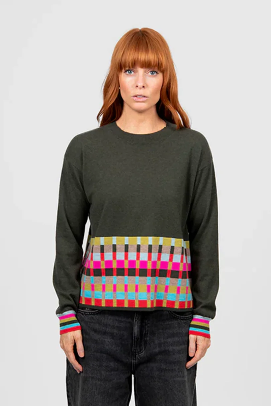 Bridge & Lord Jacquard Check Border Pullover - Olive