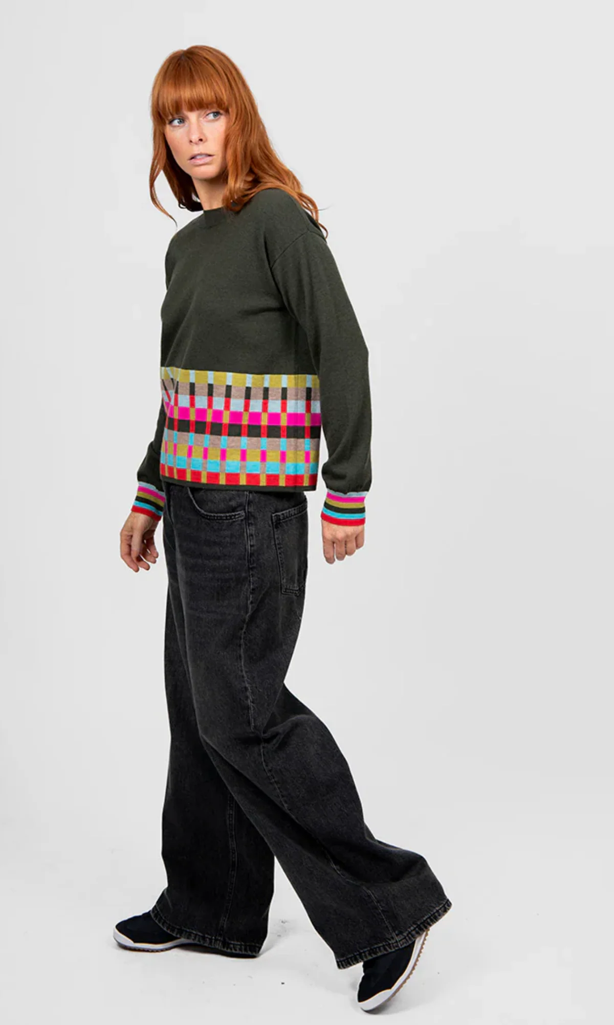 Bridge & Lord Jacquard Check Border Pullover - Olive