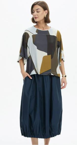 Tirelli Wide Sleeve Print Top - Abstract Navy Multi