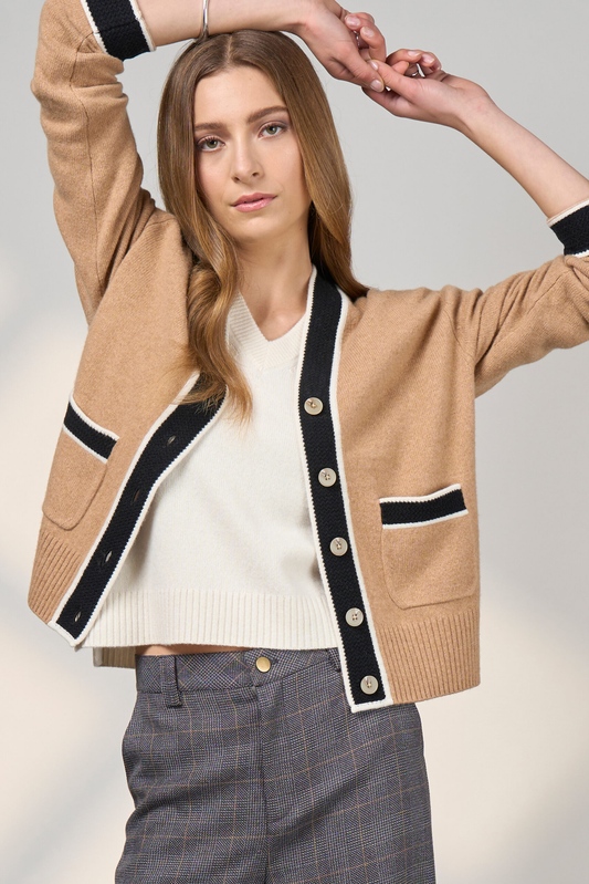 Madly Sweetly College Cardi - Camel/Black