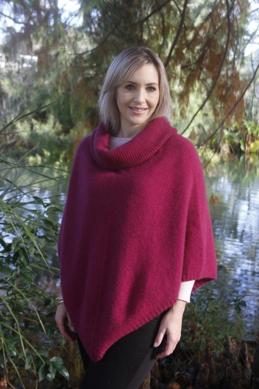 Lothlorian Possum Merino Cowl Neck V Poncho - Fuchsia