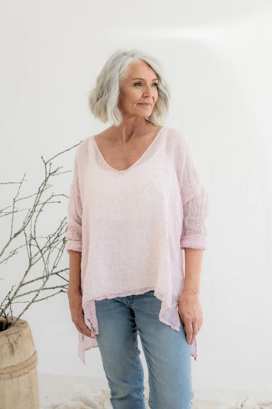 Meg By Design Collie Top Gauze Linen - Pink Gingham