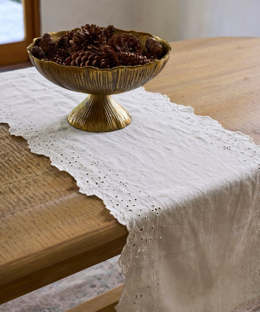 French Country Embroidered Table Runner White