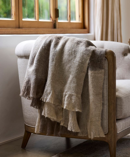 French Country Beige Brown Plaid Fringe Throw