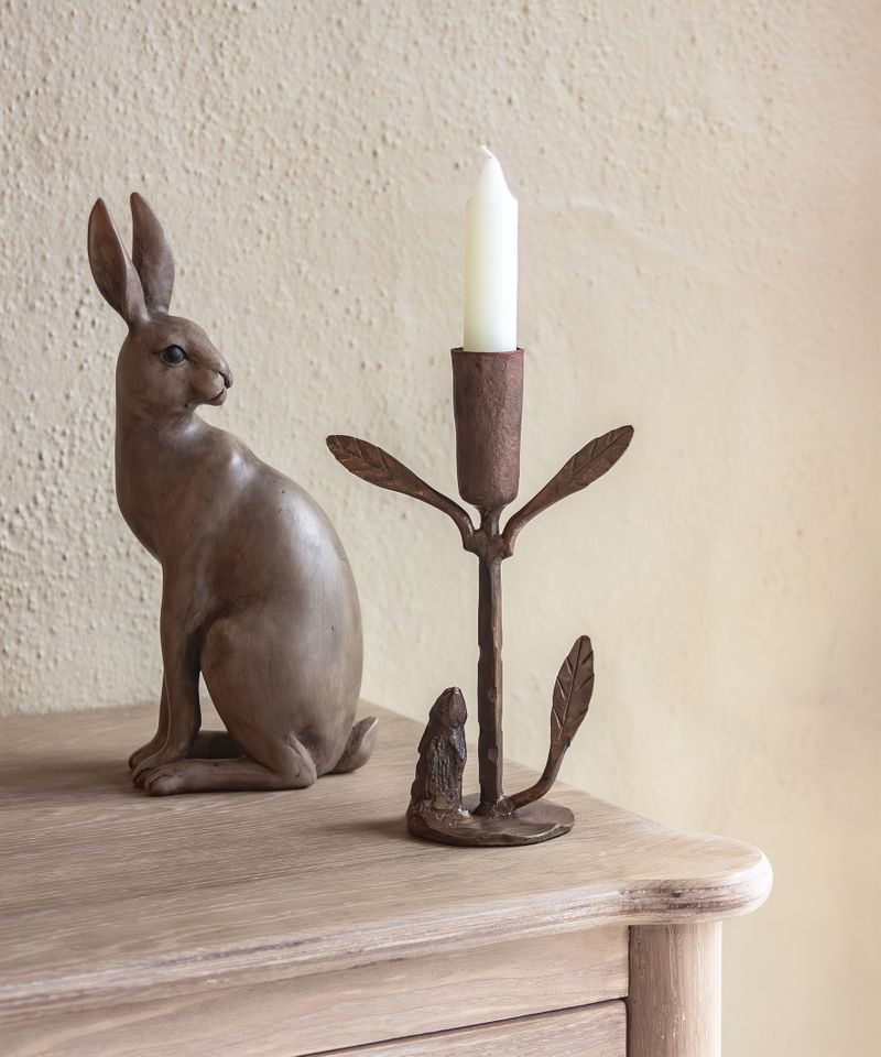 French Country Rabbit & Leaf Candleholder - Small