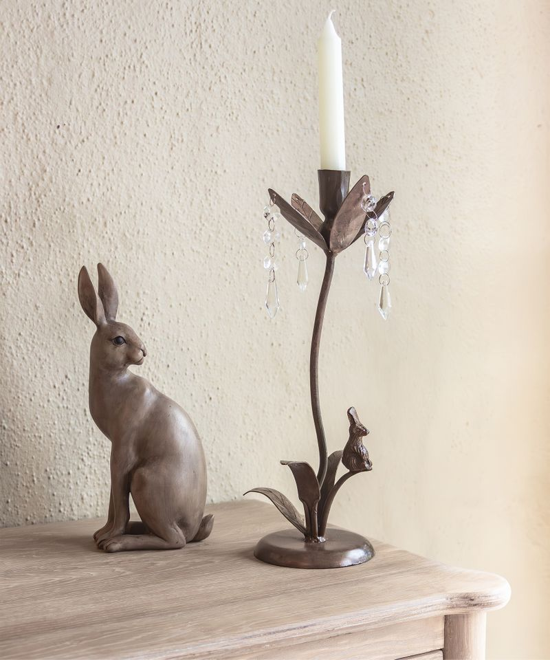 French Country Rabbit & Crystal Candleholder - Tall