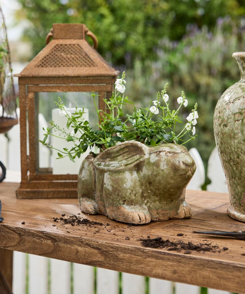 French Country Celadon Rabbit Planter
