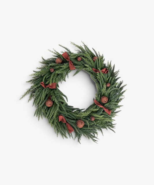 French Country Mixed Pine Wreath Brown Velvet Bows and Bells