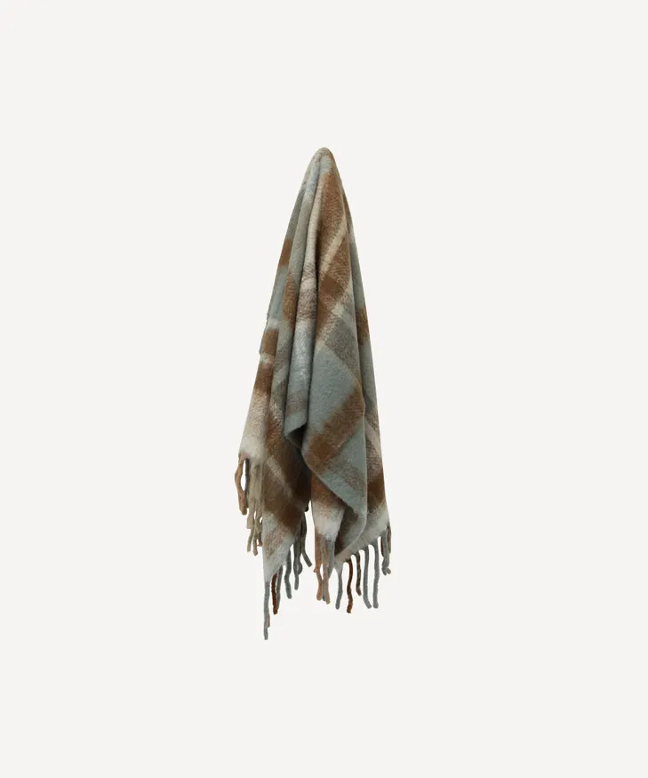 French Country Blue Brown Plaid Tassel Throw