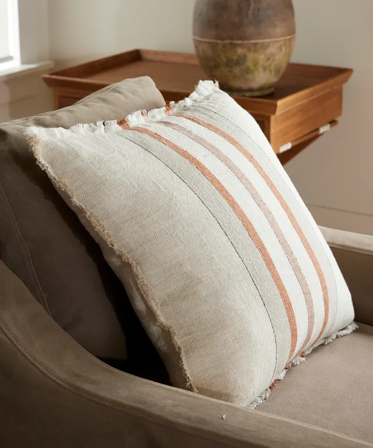 French Country Herringbone Natural Stripe Linen Cushion