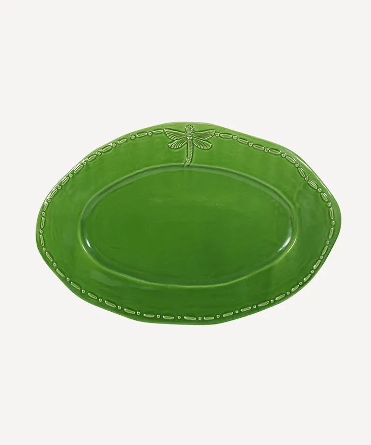 French Country Dragonfly Stoneware Oval Platter Small - Green