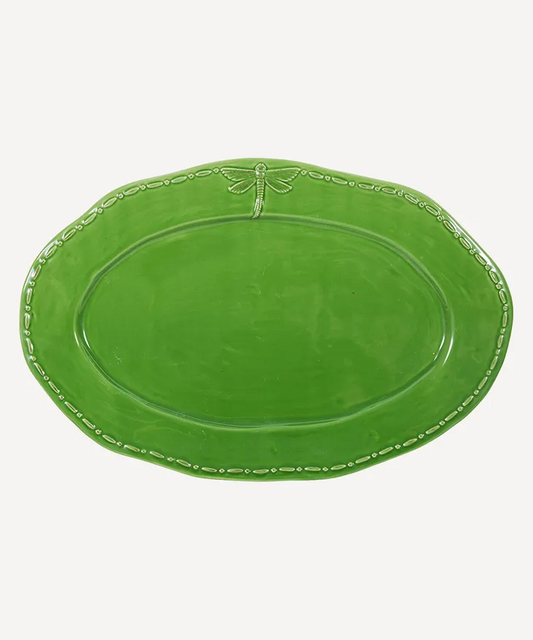 French Country Dragonfly Stoneware Oval Platter Large - Green