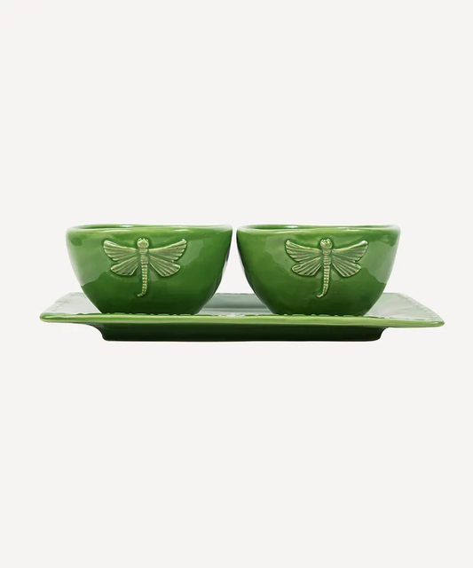 French Country Dragonfly Stoneware Condiment Set - Green