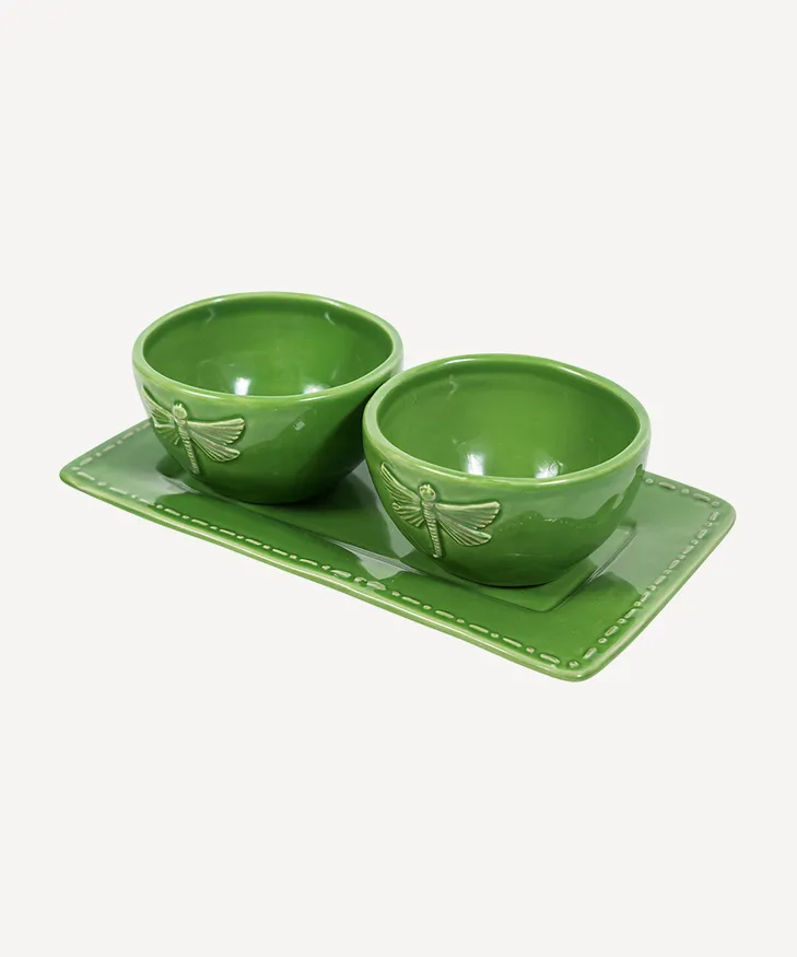 French Country Dragonfly Stoneware Condiment Set - Green