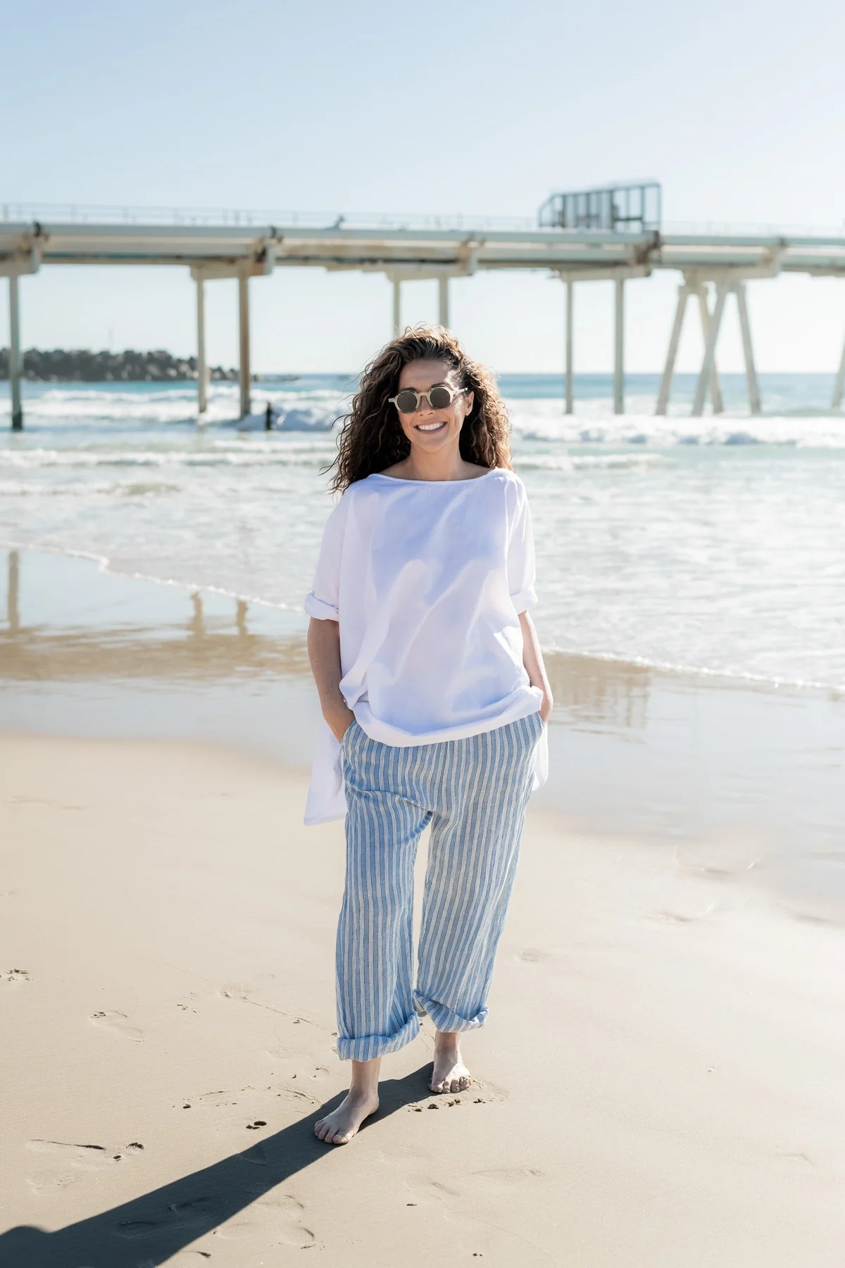 Meg By Design Kirra Pant Linen - Blue Pinstripe