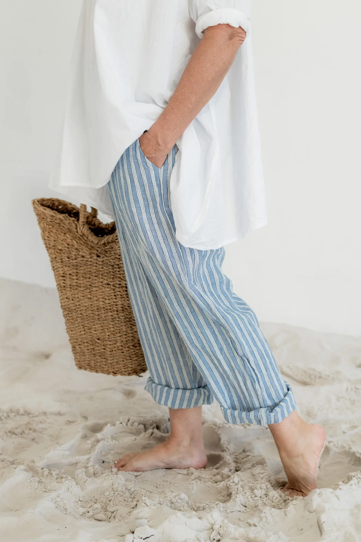 Meg By Design Kirra Pant Linen - Blue Pinstripe