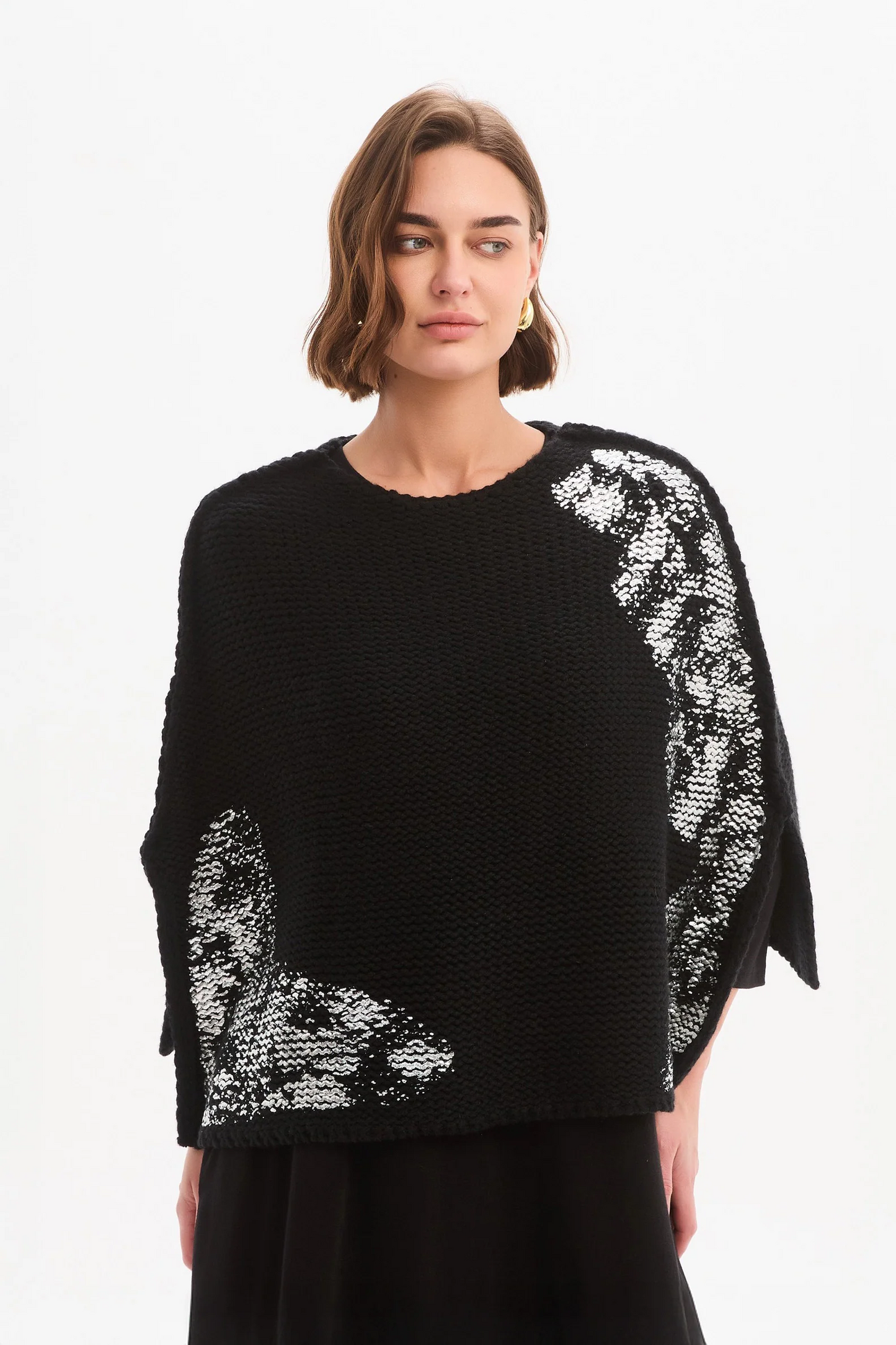 Tirelli Foil Print Crop Poncho - Black/Silver