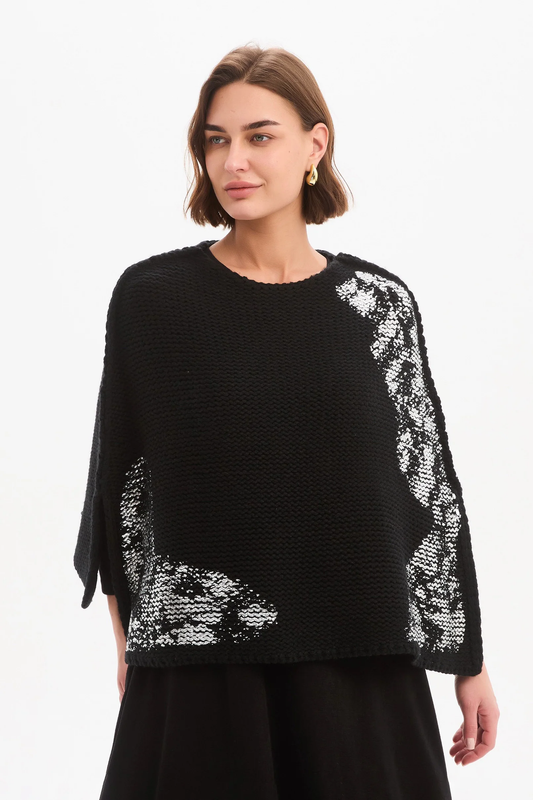 Tirelli Foil Print Crop Poncho - Black/Silver