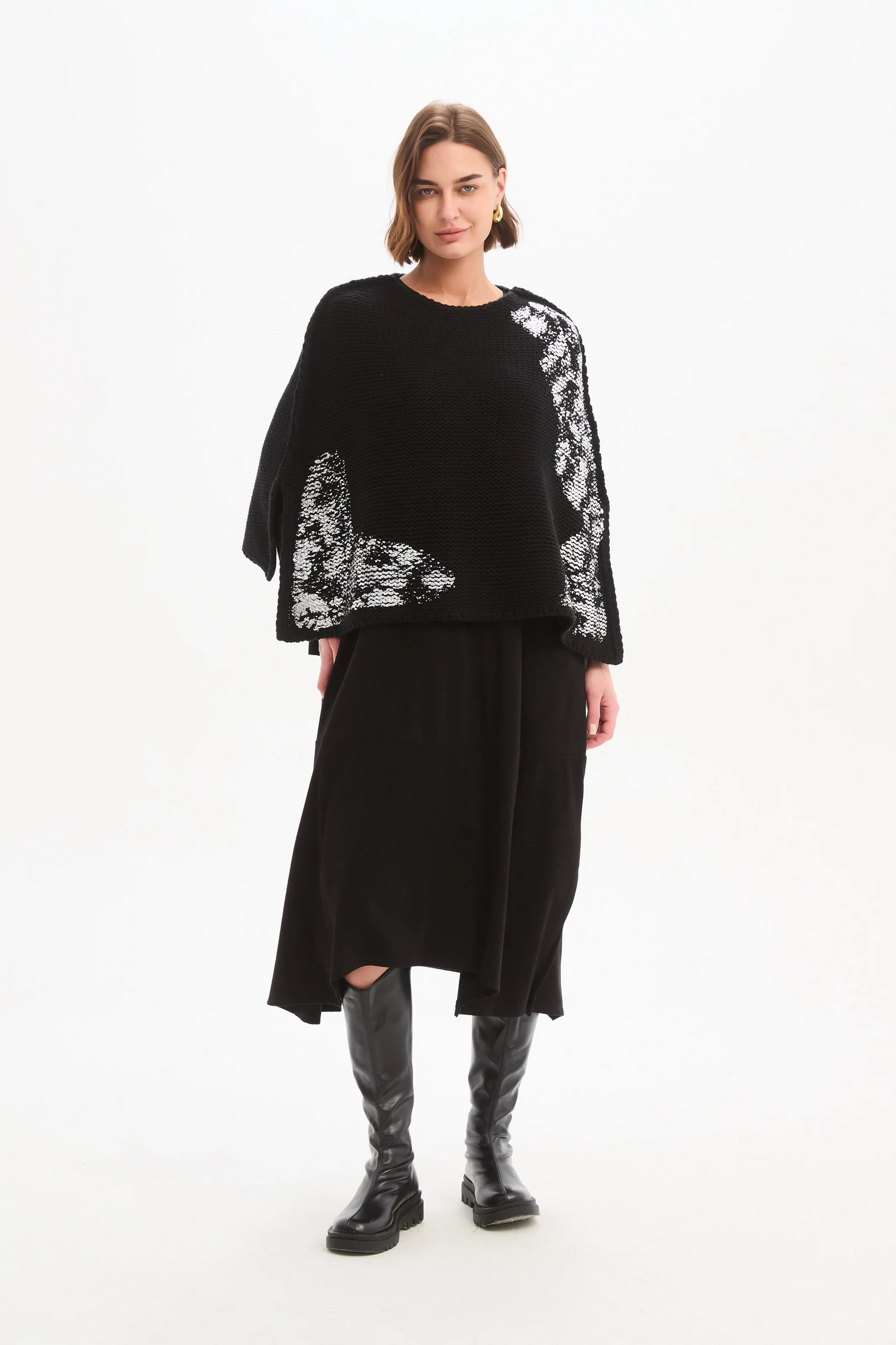 Tirelli Foil Print Crop Poncho - Black/Silver