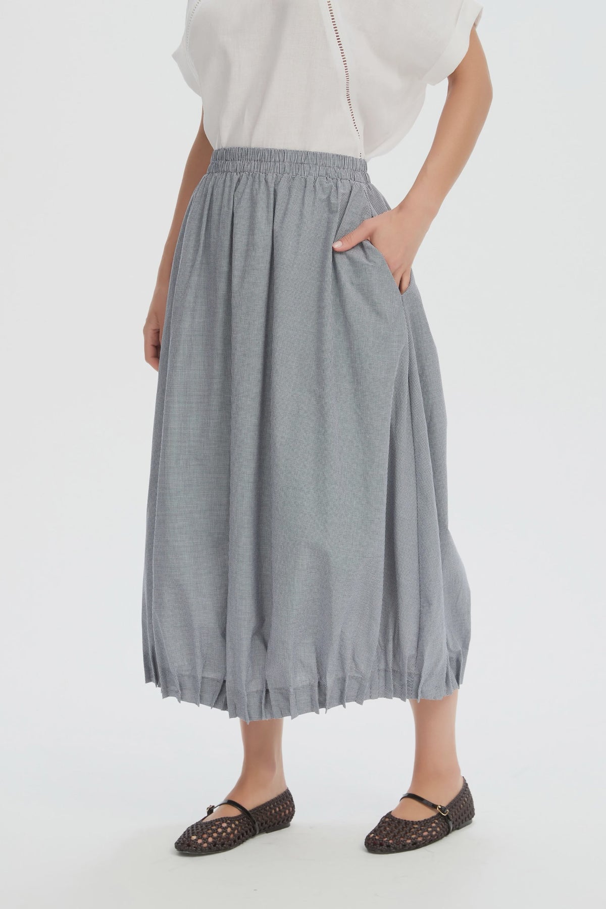 Tirelli Pin Tuck Hem Gingham Skirt - Black/White/Gingham