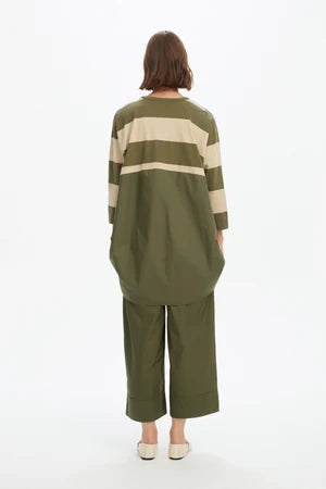 Tirelli Stripe Billow Combi Top - Green/Beige Stripe