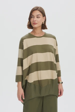 Tirelli Stripe Billow Combi Top - Green/Beige Stripe