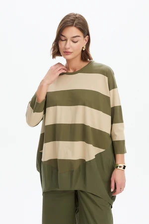 Tirelli Stripe Billow Combi Top - Green/Beige Stripe