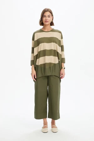 Tirelli Stripe Billow Combi Top - Green/Beige Stripe