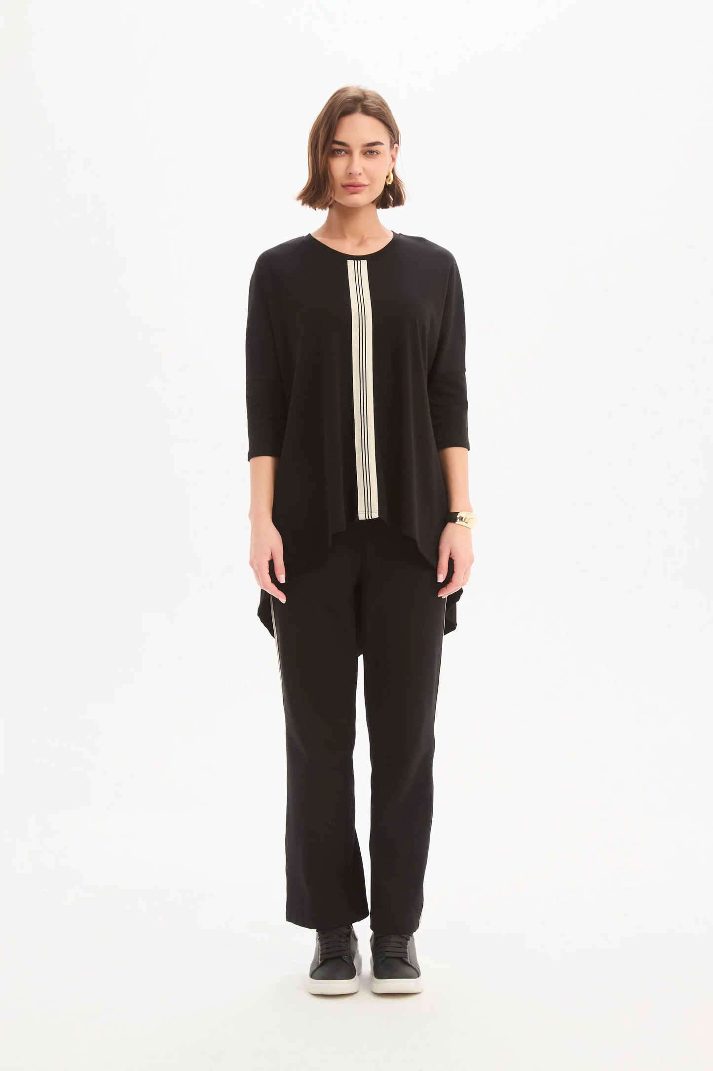 Tirelli Stripe Front 3/4 Sleeve Tee - Black/Cream Stripe