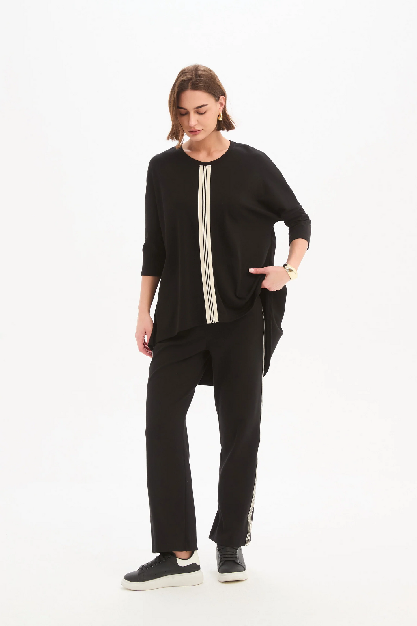 Tirelli Stripe Front 3/4 Sleeve Tee - Black/Cream Stripe