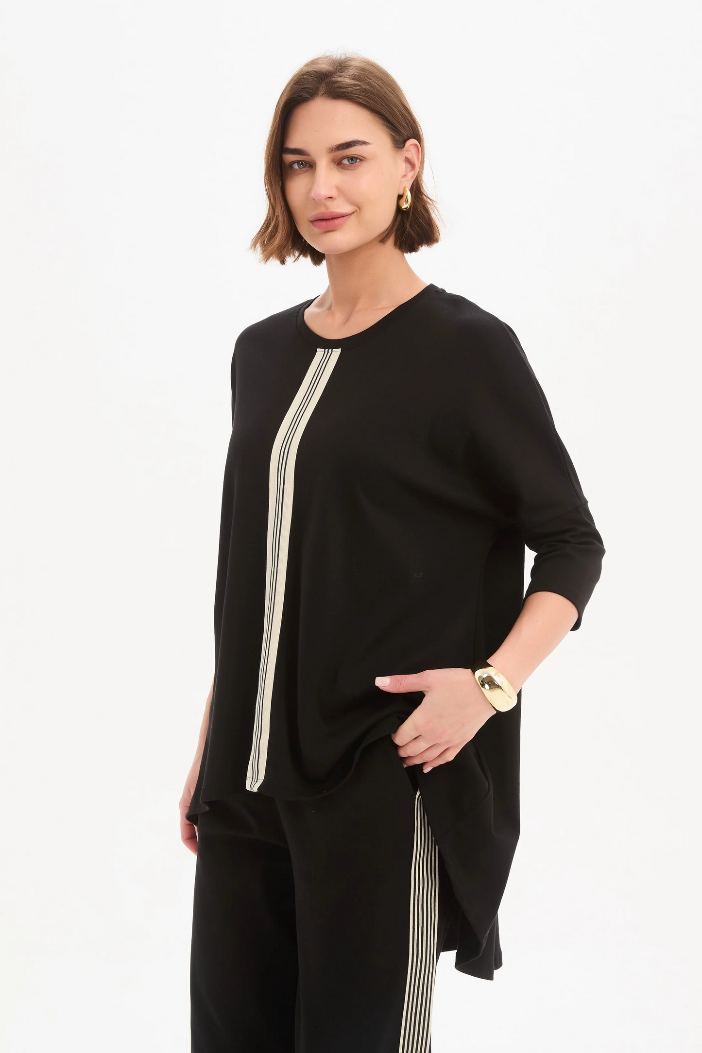 Tirelli Stripe Front 3/4 Sleeve Tee - Black/Cream Stripe