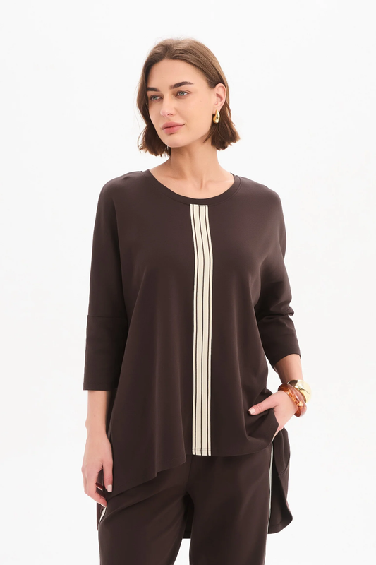 Tirelli Stripe Front 3/4 Sleeve Tee - Chocolate/Cream Stripe