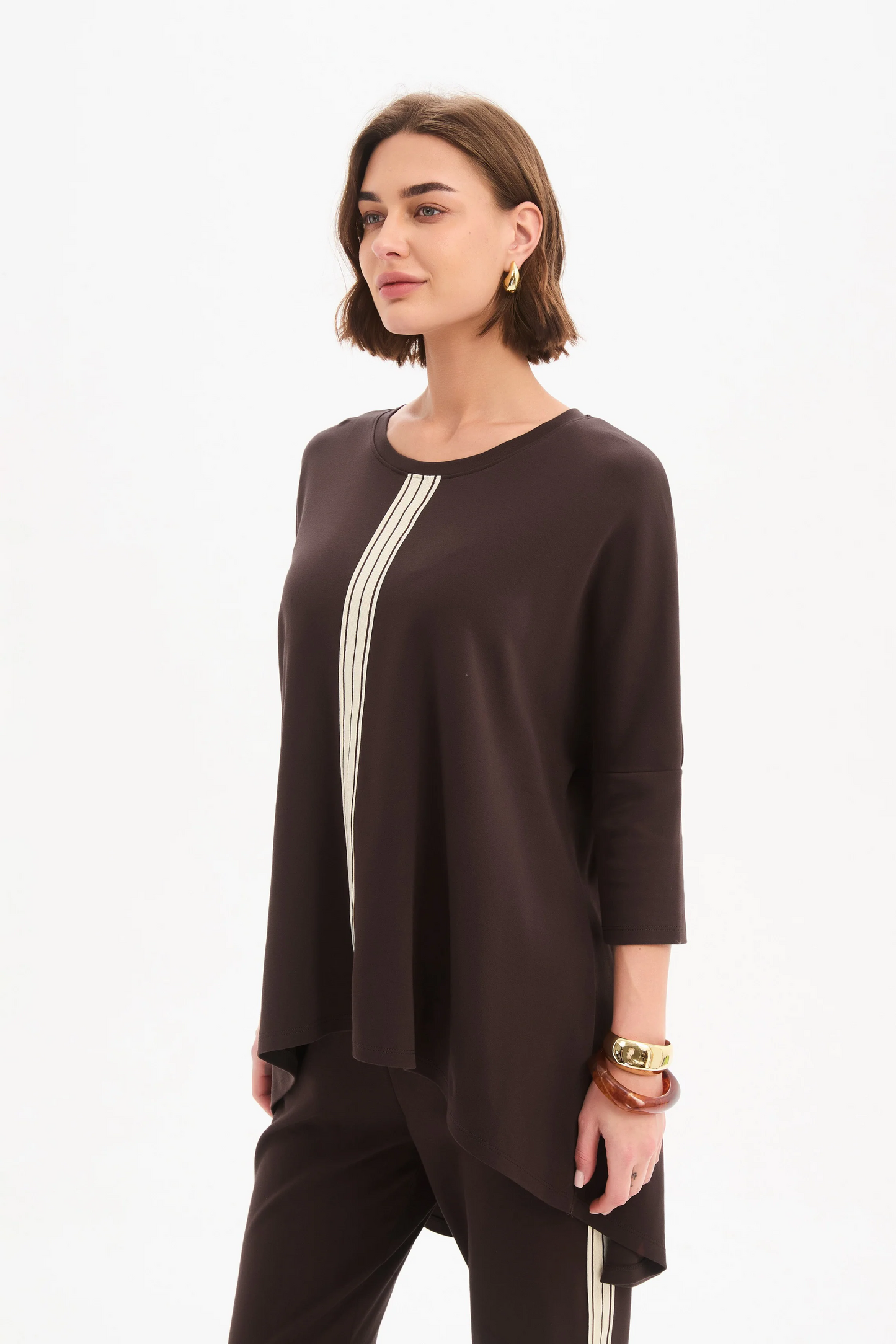 Tirelli Stripe Front 3/4 Sleeve Tee - Chocolate/Cream Stripe