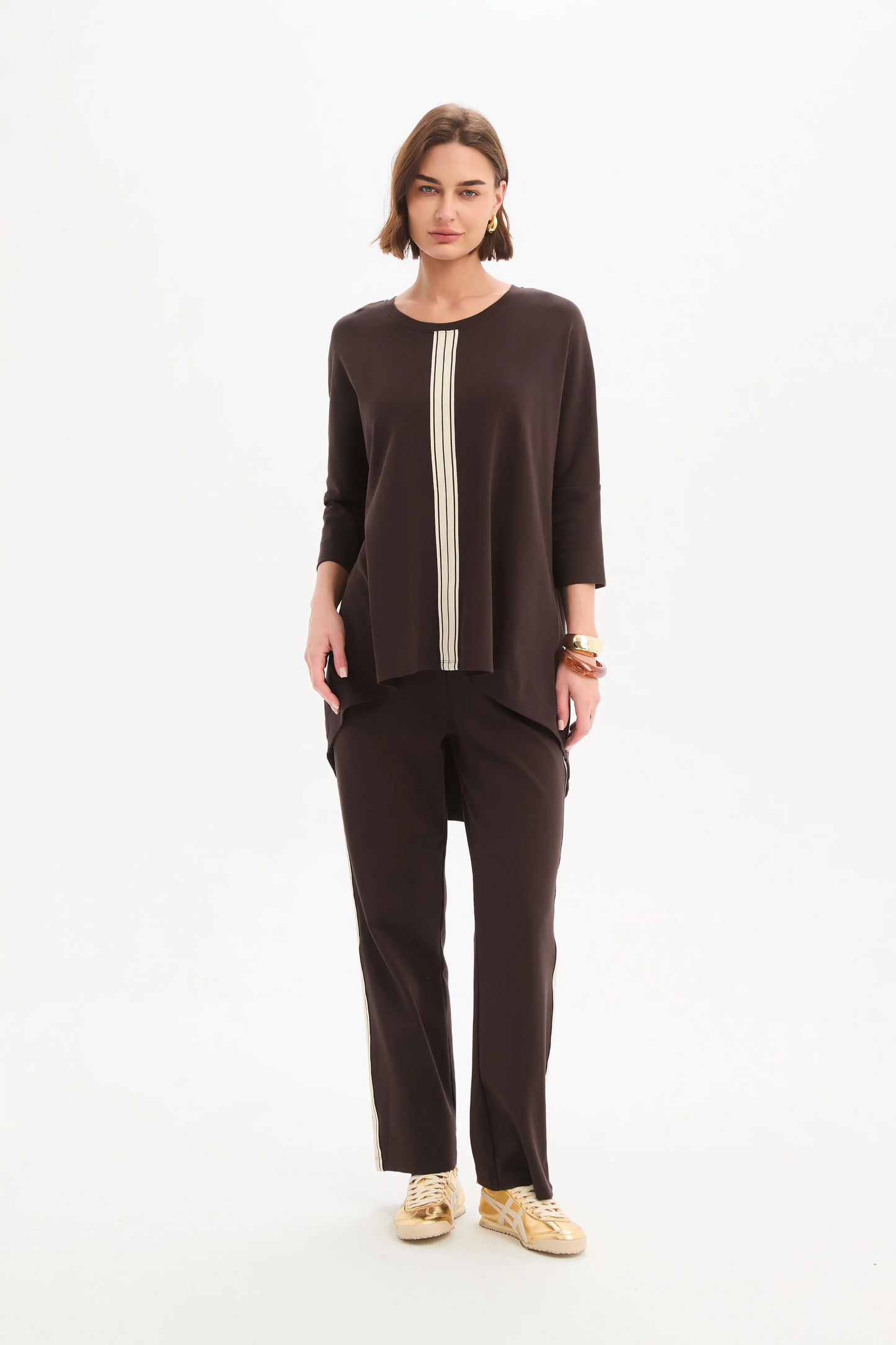 Tirelli Stripe Front 3/4 Sleeve Tee - Chocolate/Cream Stripe